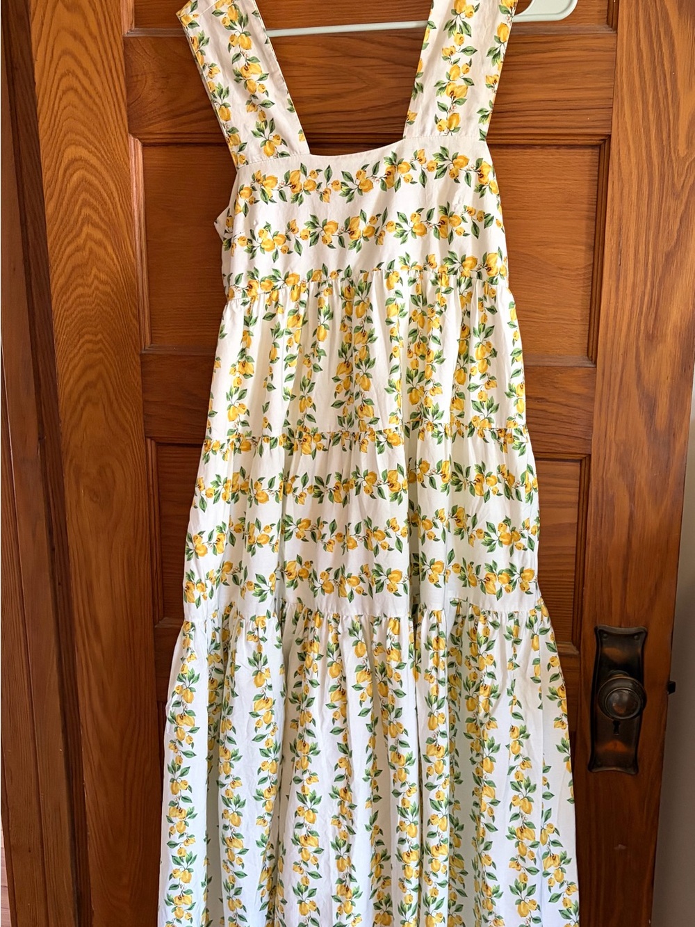 Anthropologie Helena Square Neck tiered Lemon-Print Maxi Sundress with Pockets